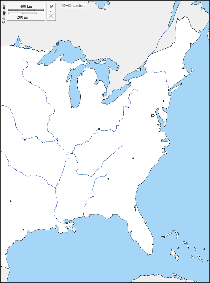 Litorale atlantico degli Stati Uniti : d-maps.com: mappa gratuita, mappa muta gratuita, cartina muta gratuita : frontiere, idrografia, principali città