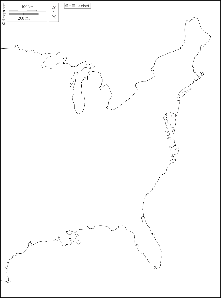 Litorale atlantico degli Stati Uniti : d-maps.com: mappa gratuita, mappa muta gratuita, cartina muta gratuita : contorni, bianco