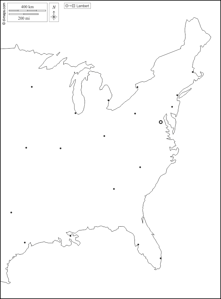 Litorale atlantico degli Stati Uniti : d-maps.com: mappa gratuita, mappa muta gratuita, cartina muta gratuita : contorni, principali città, bianco