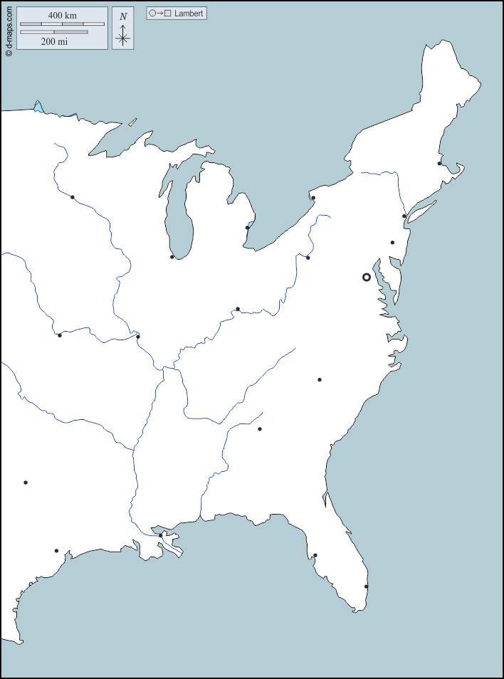 Litorale atlantico degli Stati Uniti : d-maps.com: mappa gratuita, mappa muta gratuita, cartina muta gratuita : contorni, idrografia, principali città