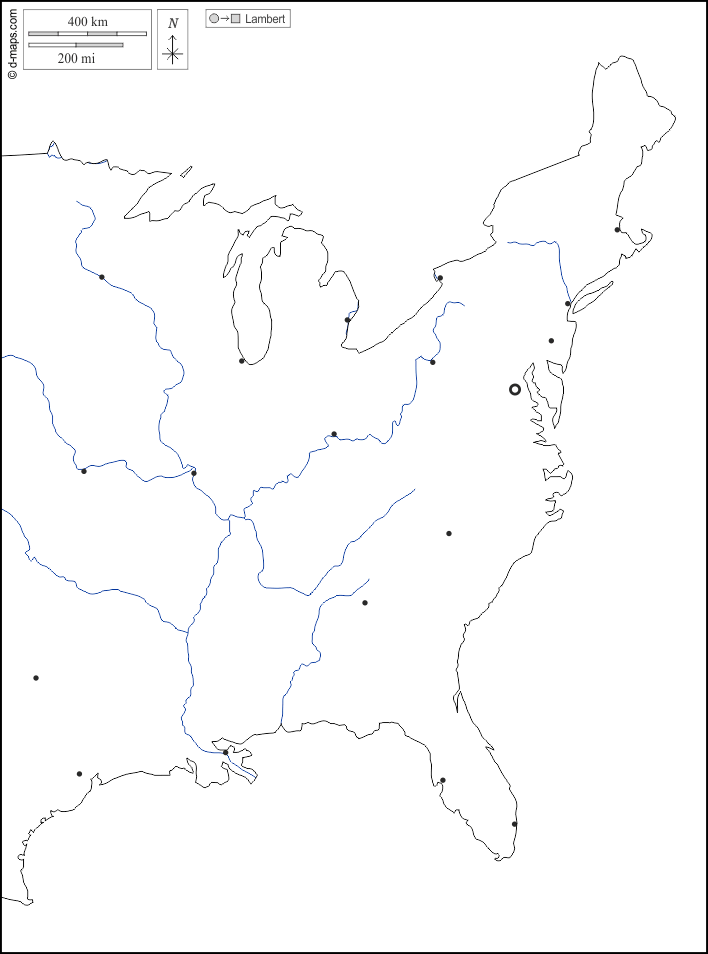 Litorale atlantico degli Stati Uniti : d-maps.com: mappa gratuita, mappa muta gratuita, cartina muta gratuita : contorni, idrografia, principali città, bianco