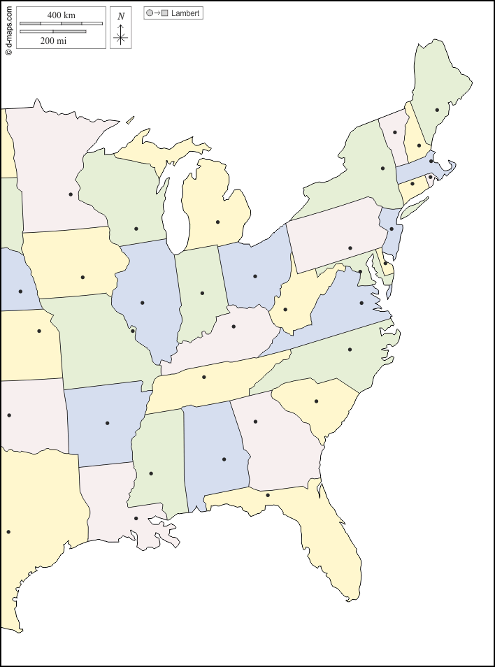 Litorale atlantico degli Stati Uniti : d-maps.com: mappa gratuita, mappa muta gratuita, cartina muta gratuita : contorni, stati, capitali, colore, bianco