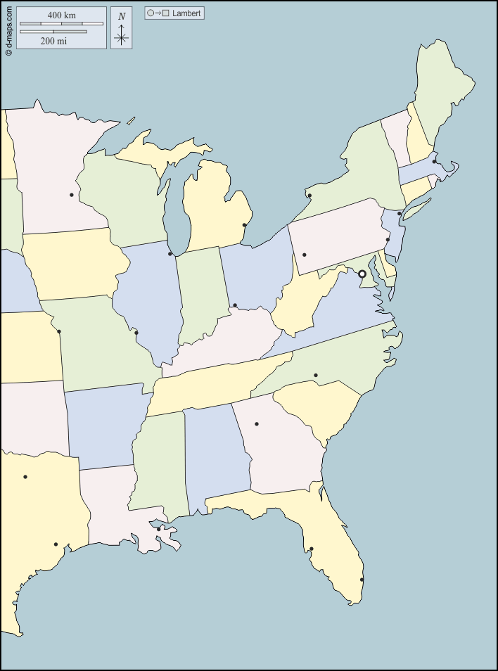Litorale atlantico degli Stati Uniti : d-maps.com: mappa gratuita, mappa muta gratuita, cartina muta gratuita : contorni, stati, principali città, colore