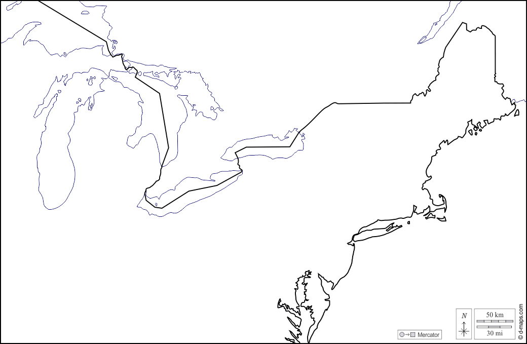 Nord-est degli Stati Uniti : d-maps.com: mappa gratuita, mappa muta gratuita, cartina muta gratuita : litorali, limiti, bianco