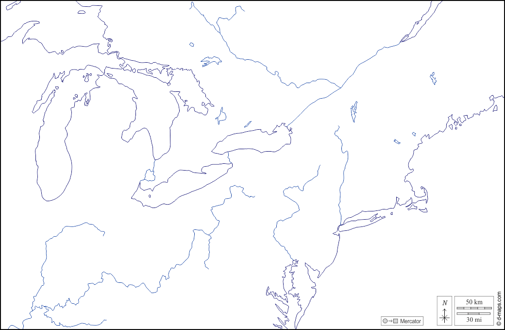 Nord-est degli Stati Uniti : d-maps.com: mappa gratuita, mappa muta gratuita, cartina muta gratuita : litorali, idrografia, bianco