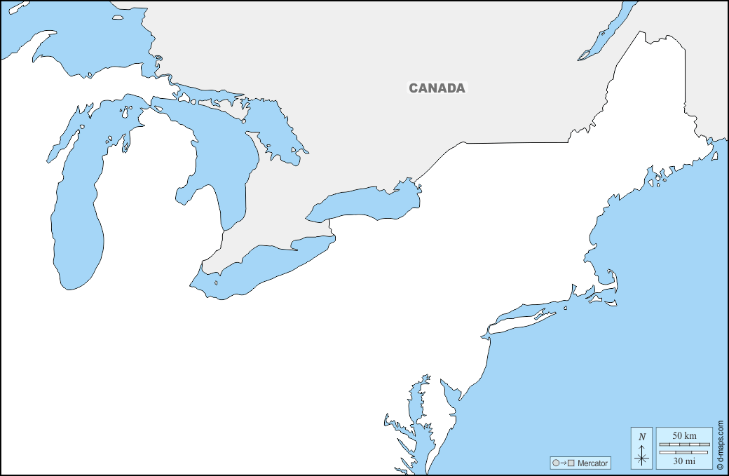 Nord-Osten der Vereinigten Staaten : d-maps.com: Kostenlose Karten, kostenlose stumme Karte, kostenlose unausgefüllt Landkarte, kostenlose hochauflösende Umrisskarte : Grenzen, Namen