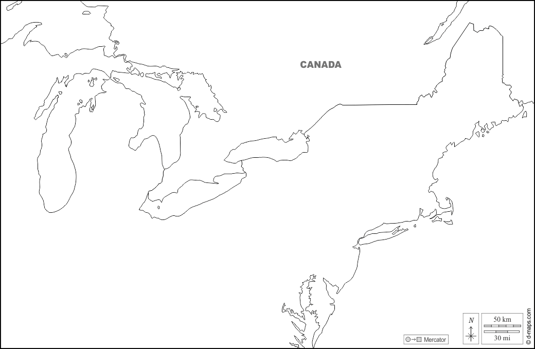 Nord-est degli Stati Uniti : d-maps.com: mappa gratuita, mappa muta gratuita, cartina muta gratuita : frontiere, nomi, bianco
