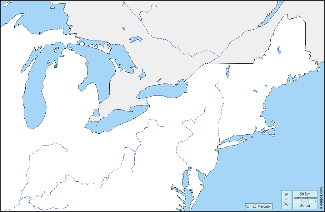 Nord-Osten der Vereinigten Staaten : d-maps.com: Kostenlose Karten, kostenlose stumme Karte, kostenlose unausgefüllt Landkarte, kostenlose hochauflösende Umrisskarte : Grenzen, Hydrografie