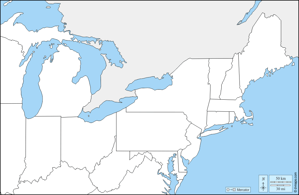 Nord-est degli Stati Uniti : d-maps.com: mappa gratuita, mappa muta gratuita, cartina muta gratuita : frontiere, stati
