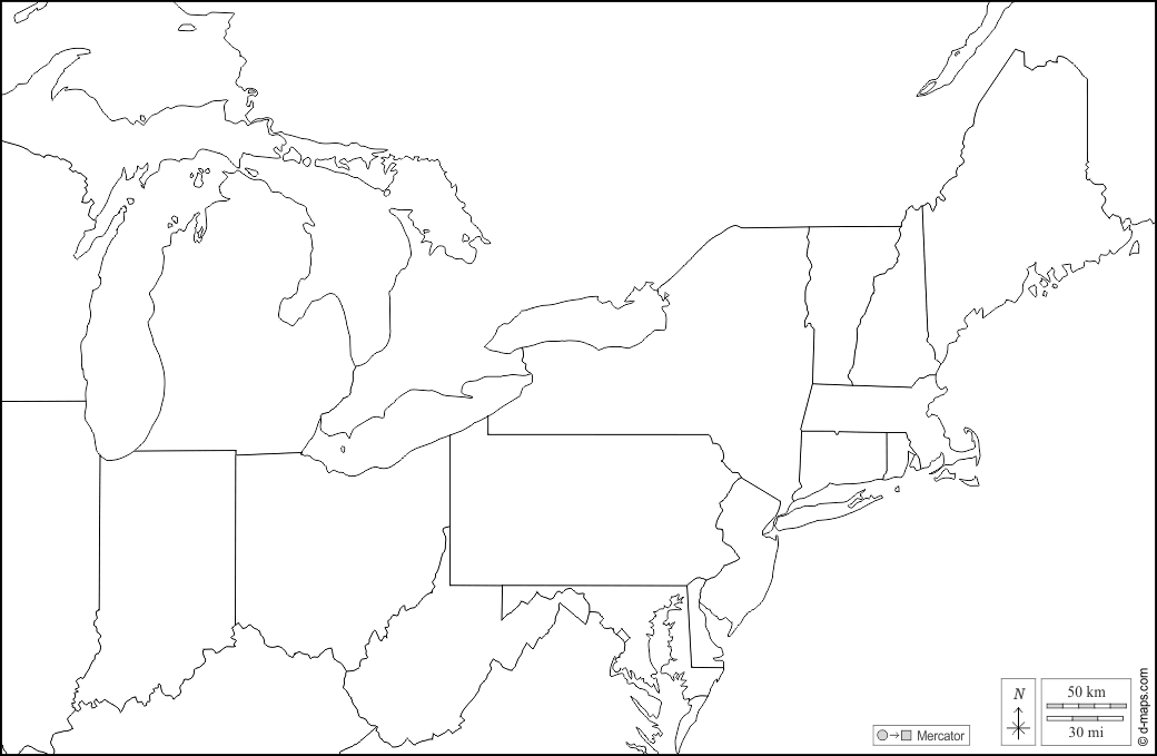 Nord-est degli Stati Uniti : d-maps.com: mappa gratuita, mappa muta gratuita, cartina muta gratuita : frontiere, stati, bianco