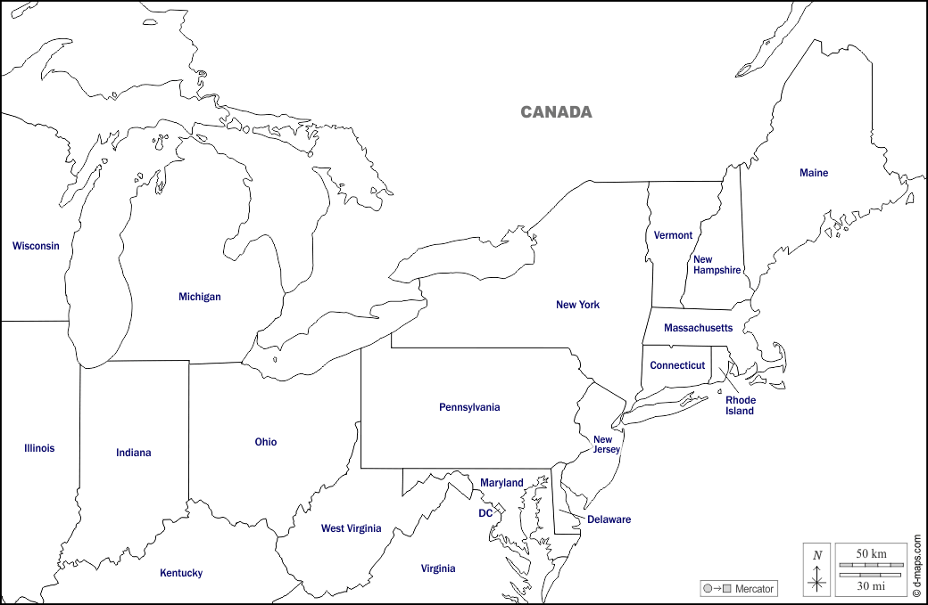 Nord-est degli Stati Uniti : d-maps.com: mappa gratuita, mappa muta gratuita, cartina muta gratuita : frontiere, stati, nomi, bianco