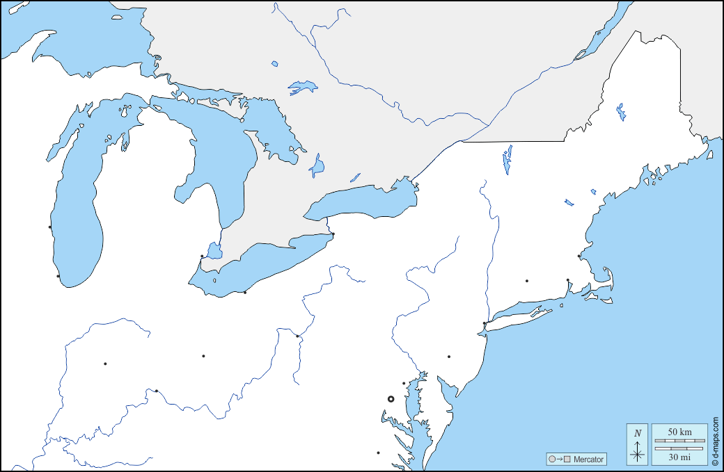 Nord-est degli Stati Uniti : d-maps.com: mappa gratuita, mappa muta gratuita, cartina muta gratuita : frontiere, idrografia, principali città