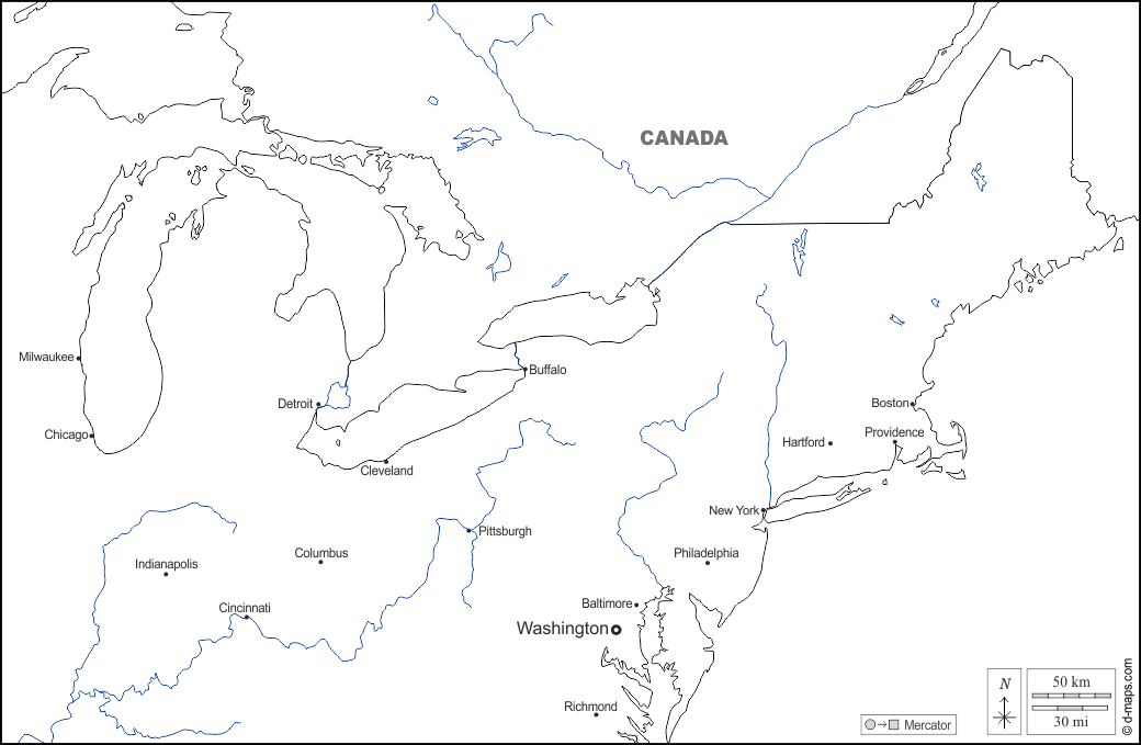 Nord-est degli Stati Uniti : d-maps.com: mappa gratuita, mappa muta gratuita, cartina muta gratuita : frontiere, idrografia, principali città, nomi, bianco
