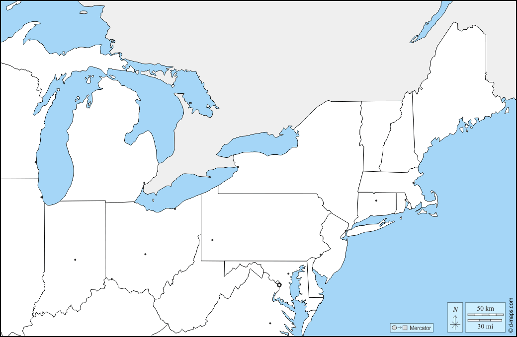 Nord-est degli Stati Uniti : d-maps.com: mappa gratuita, mappa muta gratuita, cartina muta gratuita : frontiere, stati, principali città