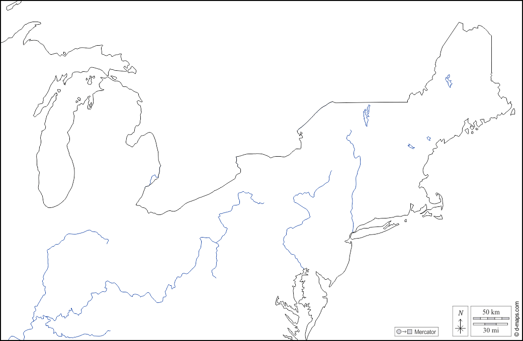 Nord-est degli Stati Uniti : d-maps.com: mappa gratuita, mappa muta gratuita, cartina muta gratuita : contorni, idrografia, bianco