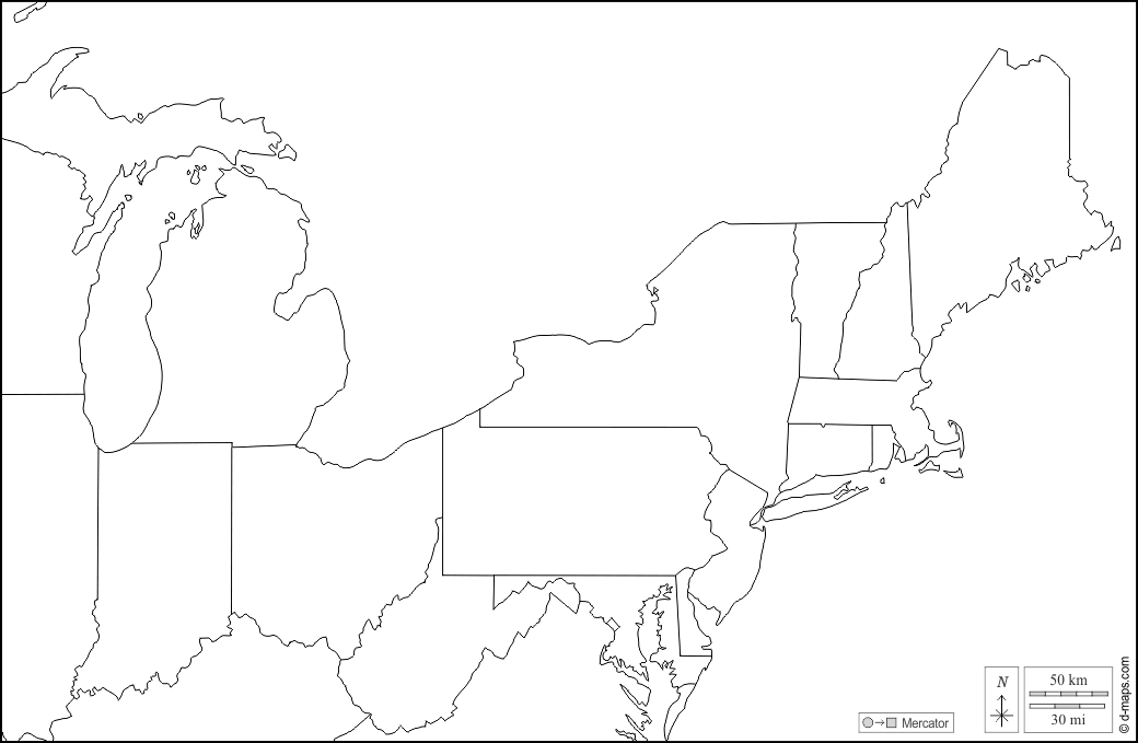 Nord-est degli Stati Uniti : d-maps.com: mappa gratuita, mappa muta gratuita, cartina muta gratuita : contorni, stati, bianco