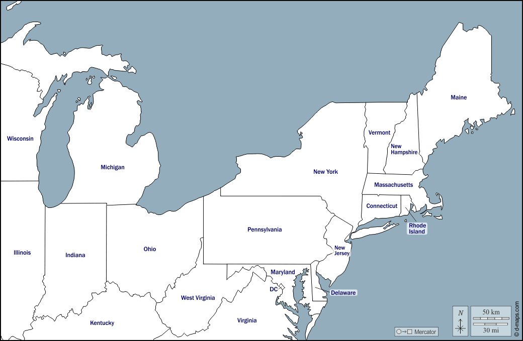 Nord-est degli Stati Uniti : d-maps.com: mappa gratuita, mappa muta gratuita, cartina muta gratuita : contorni, stati, nomi