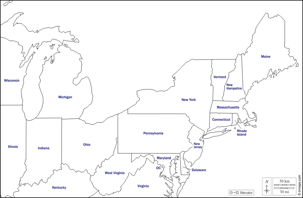 Nord-est degli Stati Uniti : d-maps.com: mappa gratuita, mappa muta gratuita, cartina muta gratuita : contorni, stati, nomi, bianco