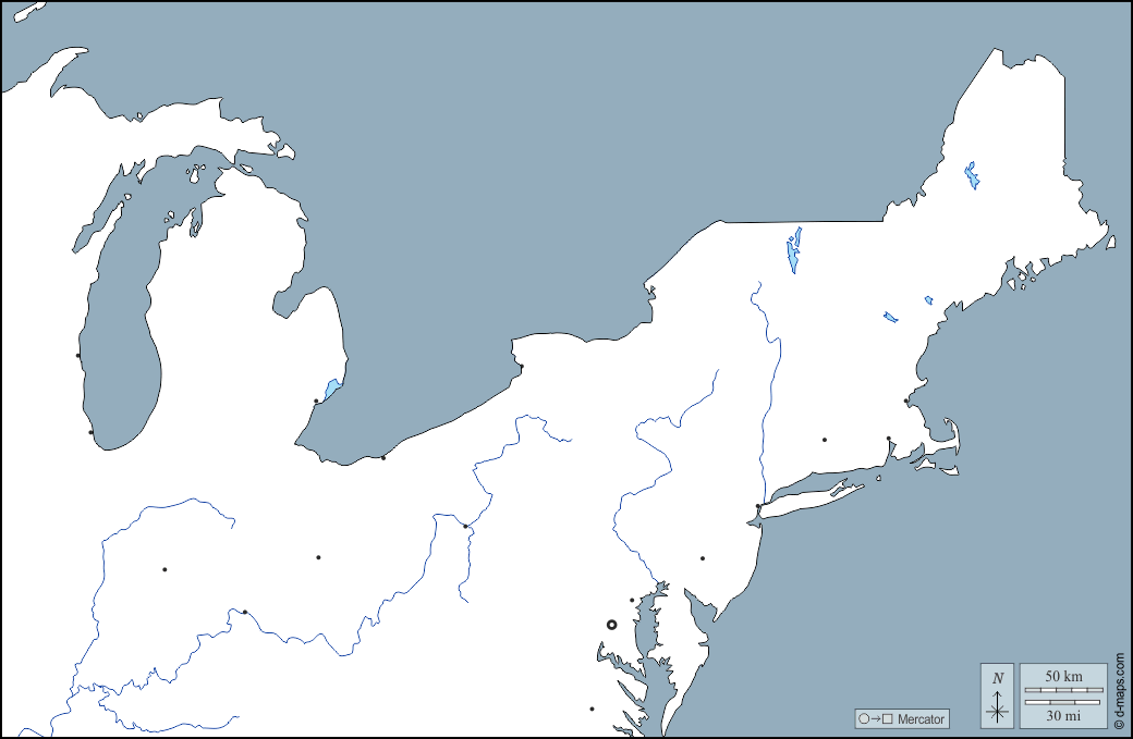 Nord-est degli Stati Uniti : d-maps.com: mappa gratuita, mappa muta gratuita, cartina muta gratuita : contorni, idrografia, principali città