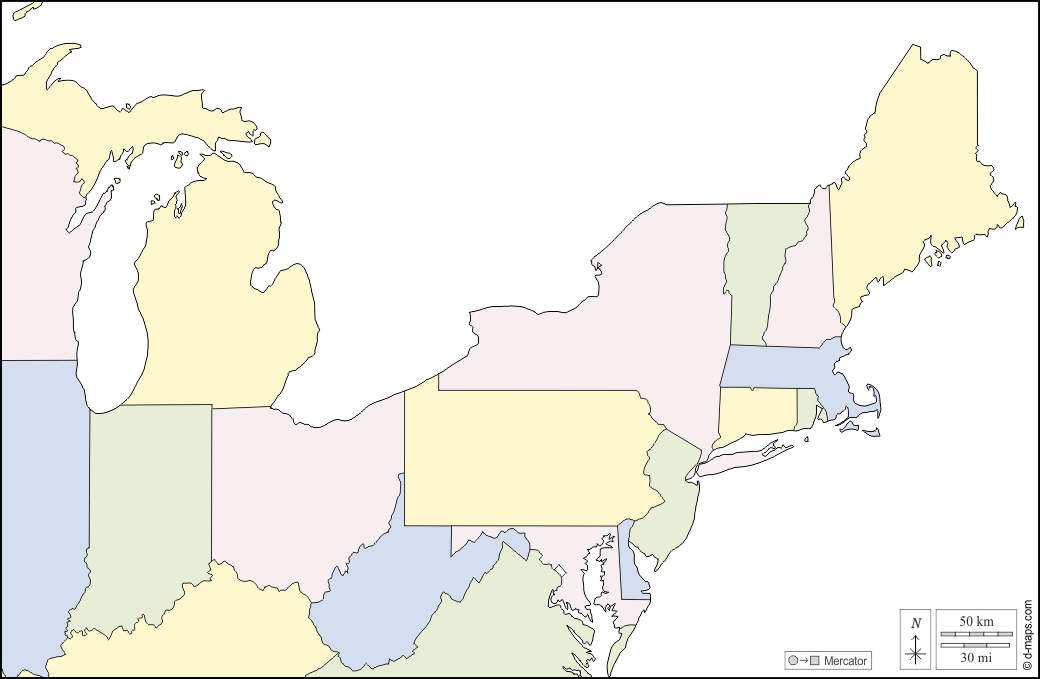Nord-est degli Stati Uniti : d-maps.com: mappa gratuita, mappa muta gratuita, cartina muta gratuita : contorni, stati, colore, bianco
