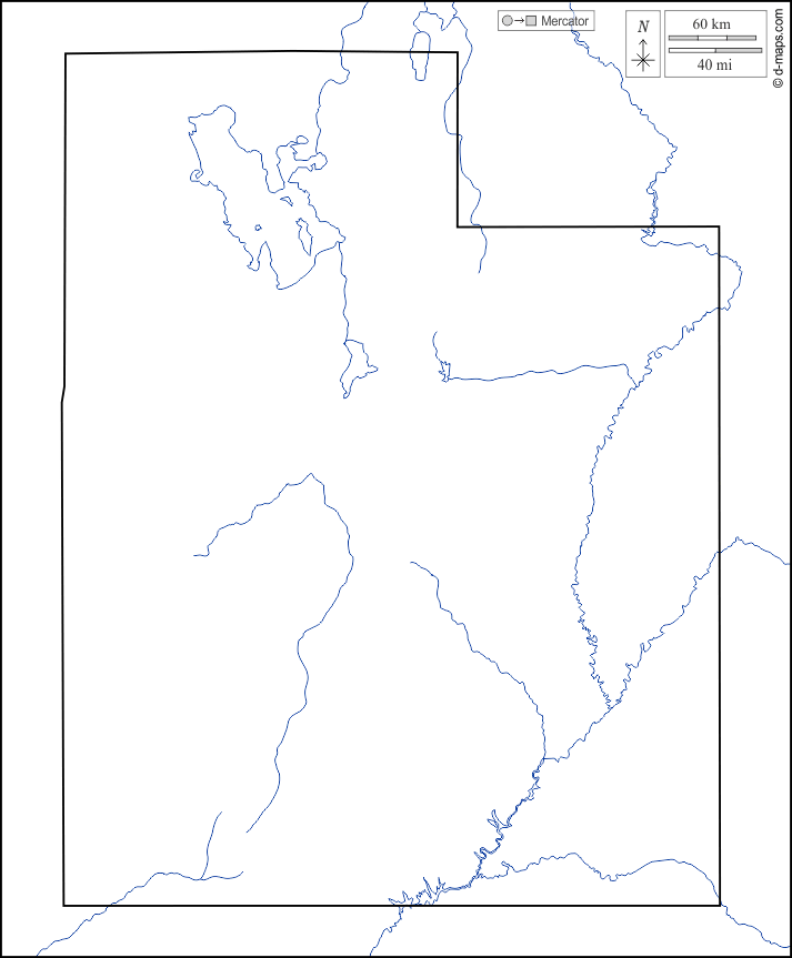 Utah : d-maps.com: mappa gratuita, mappa muta gratuita, cartina muta gratuita : limiti, idrografia, bianco