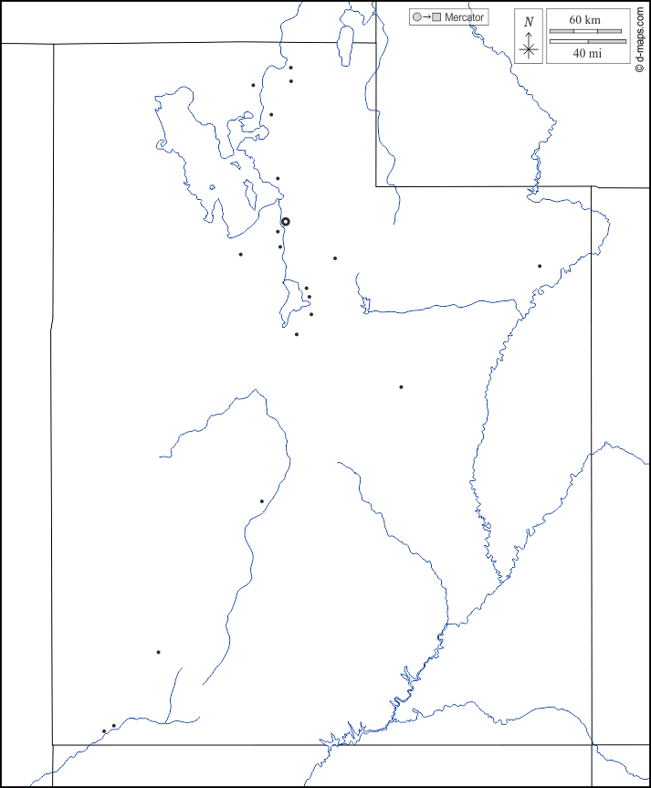 Utah : d-maps.com: mappa gratuita, mappa muta gratuita, cartina muta gratuita : frontiere, idrografia, principali città, bianco