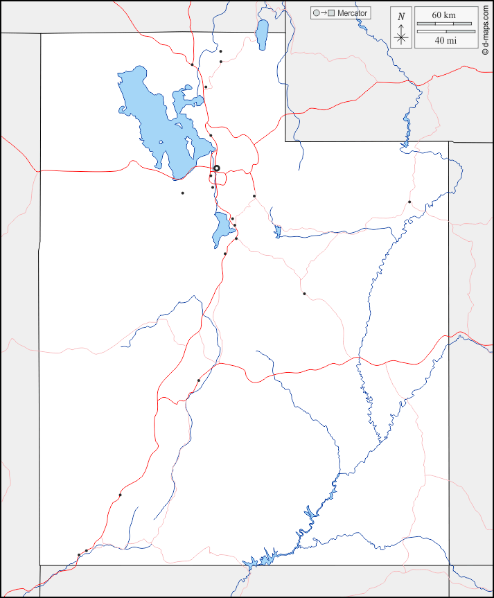 Utah : d-maps.com: mappa gratuita, mappa muta gratuita, cartina muta gratuita : frontiere, idrografia, principali città, strade
