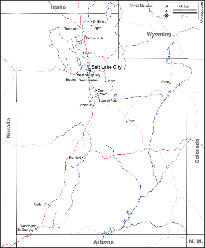 Utah : d-maps.com: mappa gratuita, mappa muta gratuita, cartina muta gratuita : frontiere, idrografia, principali città, strade, nomi, bianco