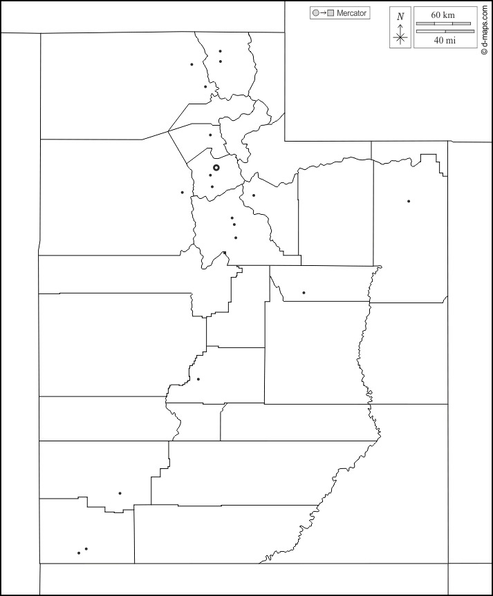 Utah : d-maps.com: mappa gratuita, mappa muta gratuita, cartina muta gratuita : frontiere, contee, principali città, bianco
