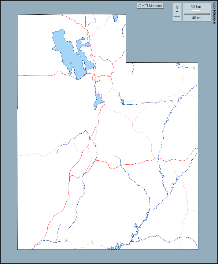 Utah : d-maps.com: mappa gratuita, mappa muta gratuita, cartina muta gratuita : contorni, idrografia, strade