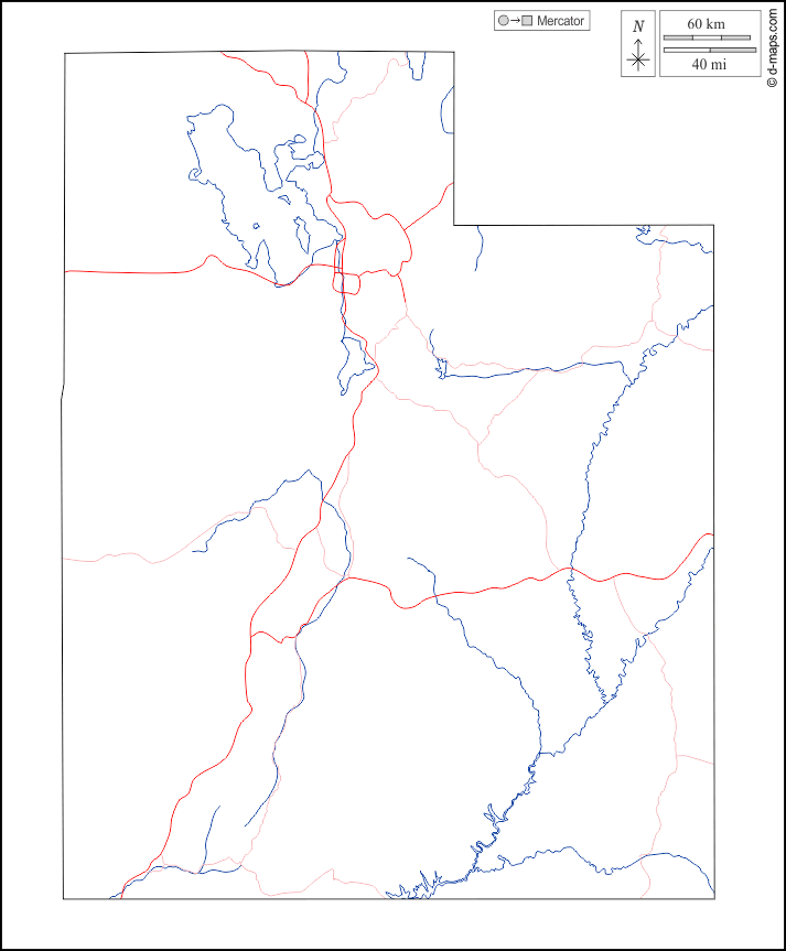Utah : d-maps.com: mappa gratuita, mappa muta gratuita, cartina muta gratuita : contorni, idrografia, strade, bianco