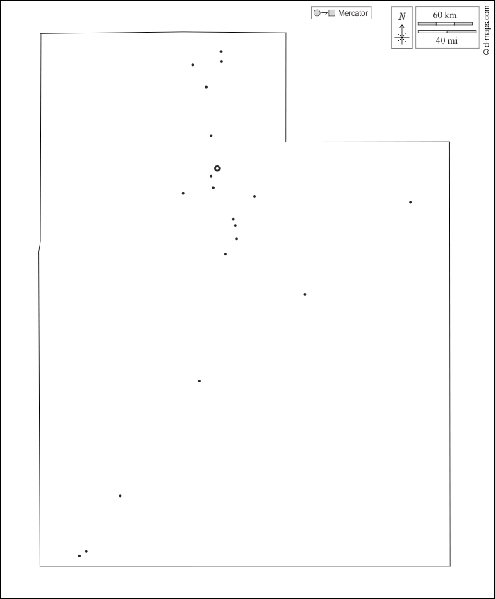 Utah : d-maps.com: mappa gratuita, mappa muta gratuita, cartina muta gratuita : contorni, principali città, bianco