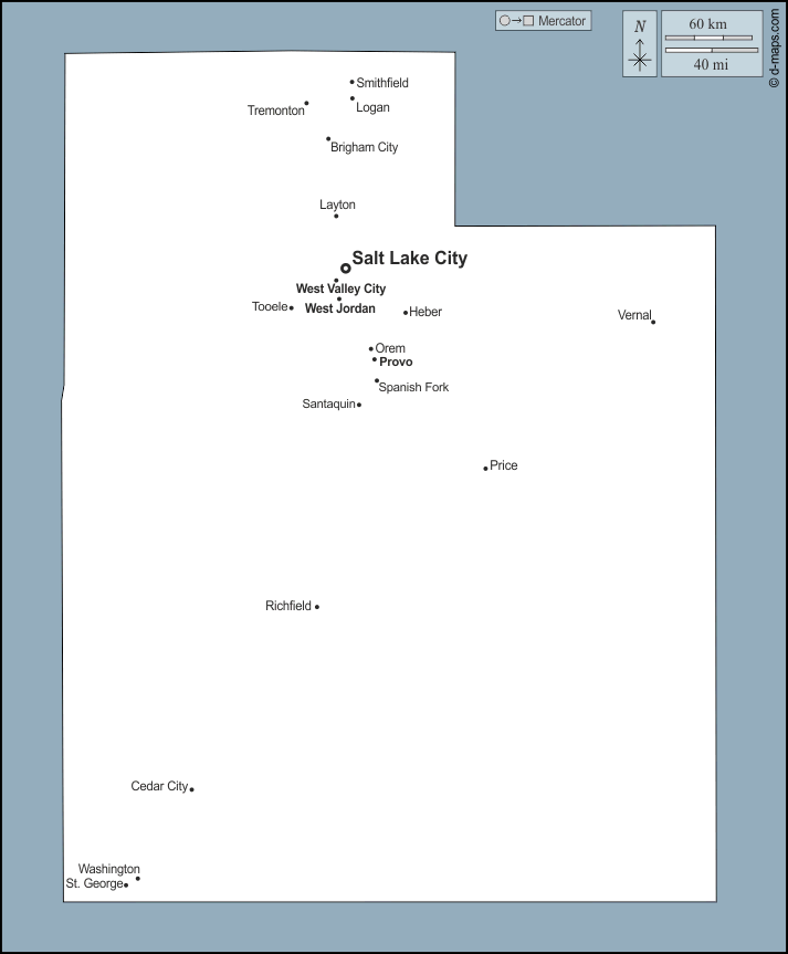 Utah : d-maps.com: Kostenlose Karten, kostenlose stumme Karte, kostenlose unausgefüllt Landkarte, kostenlose hochauflösende Umrisskarte : Umrisse, Wichtige Städte, Namen