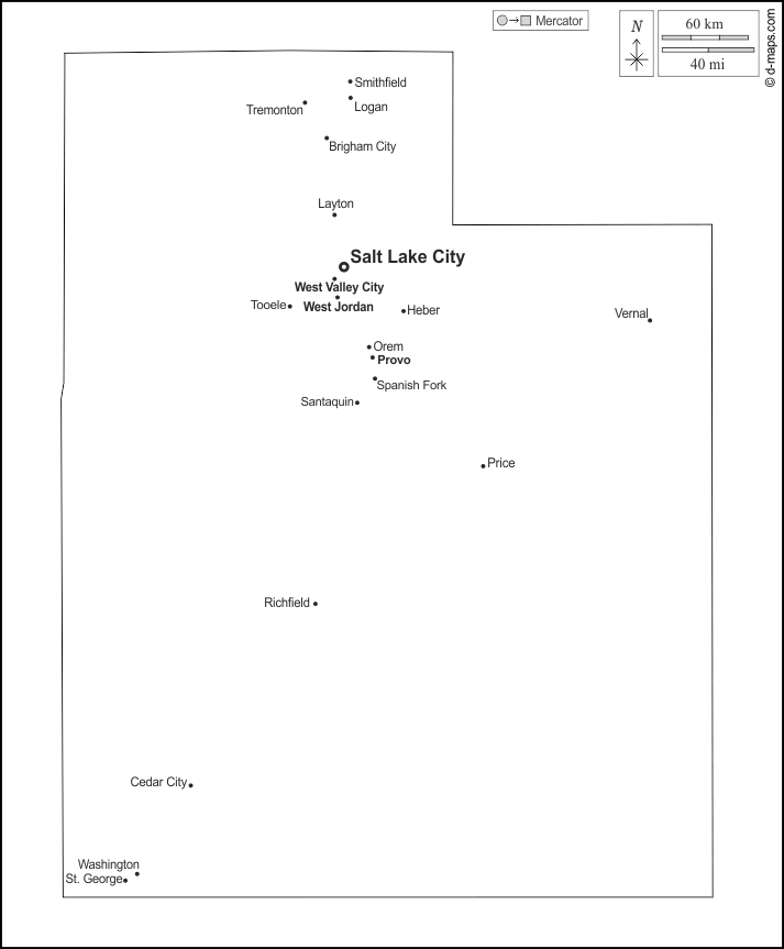 Utah : d-maps.com: mappa gratuita, mappa muta gratuita, cartina muta gratuita : contorni, principali città, nomi, bianco