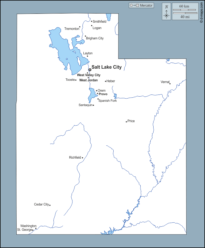 Utah : d-maps.com: mappa gratuita, mappa muta gratuita, cartina muta gratuita : contorni, idrografia, principali città, nomi