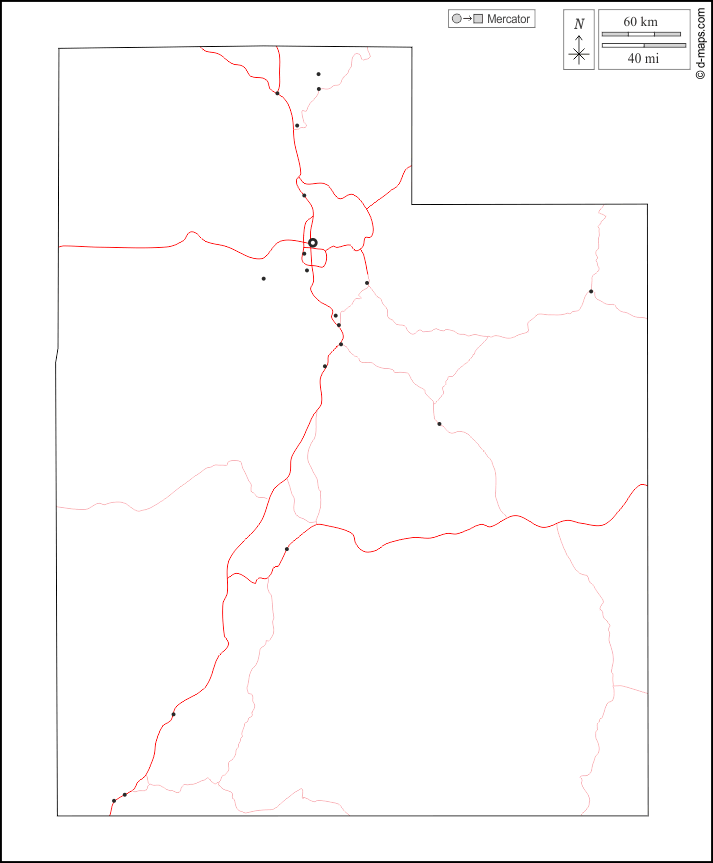 Utah : d-maps.com: mappa gratuita, mappa muta gratuita, cartina muta gratuita : contorni, principali città, strade, bianco