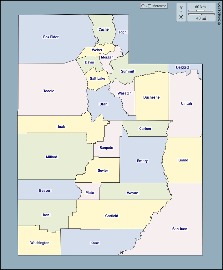 Utah : d-maps.com: mappa gratuita, mappa muta gratuita, cartina muta gratuita : contorni, contee, nomi, colore