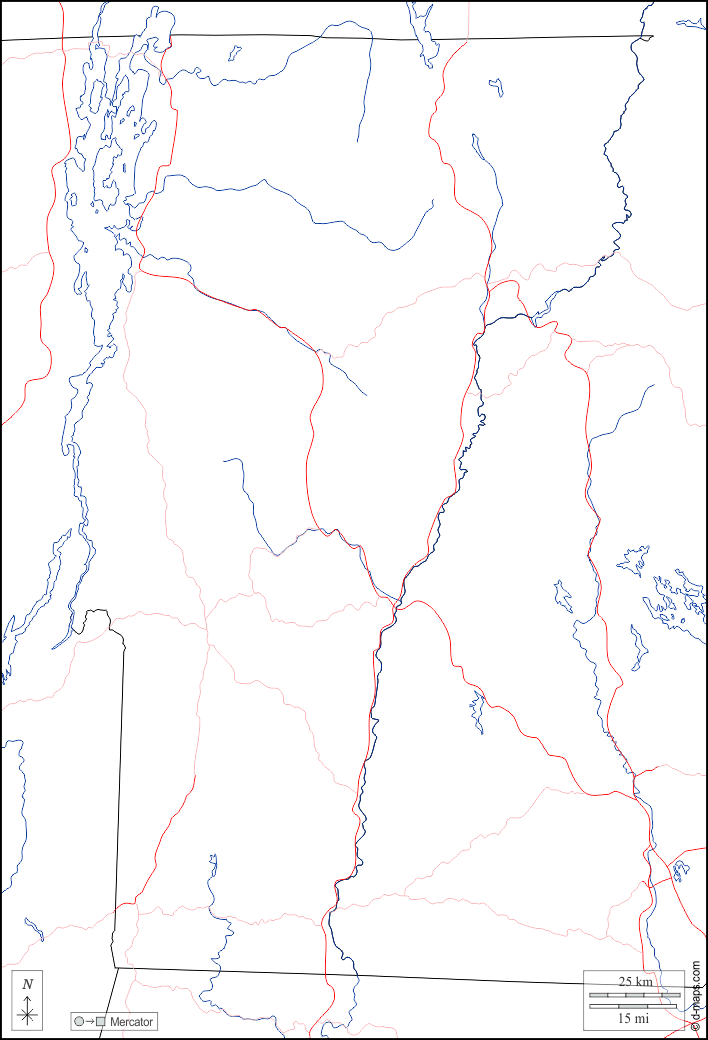 Vermont : d-maps.com: mappa gratuita, mappa muta gratuita, cartina muta gratuita : frontiere, idrografia, strade, bianco