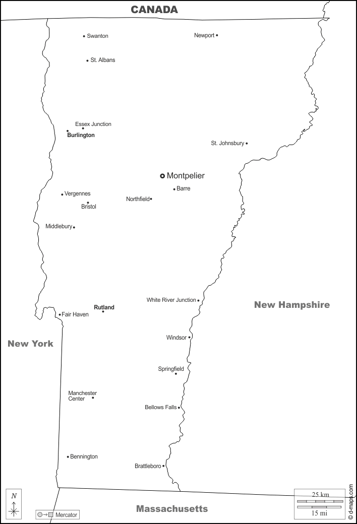 Vermont : d-maps.com: mappa gratuita, mappa muta gratuita, cartina muta gratuita : frontiere, principali città, nomi, bianco