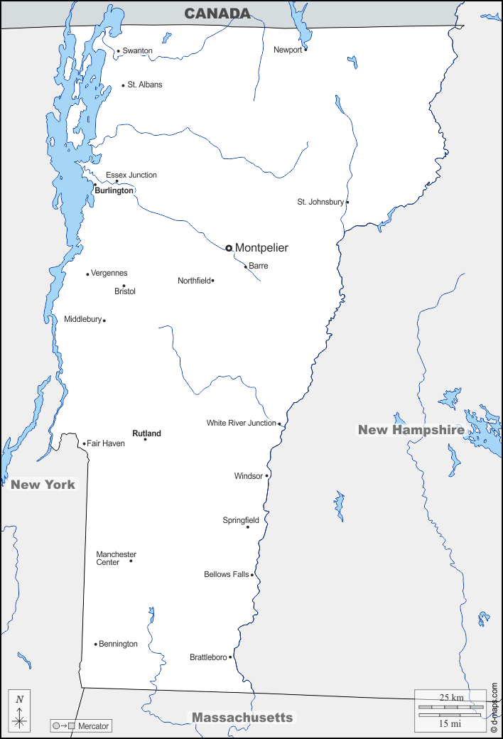 Vermont : d-maps.com: mappa gratuita, mappa muta gratuita, cartina muta gratuita : frontiere, idrografia, principali città, nomi