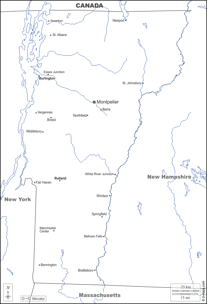 Vermont : d-maps.com: mappa gratuita, mappa muta gratuita, cartina muta gratuita : frontiere, idrografia, principali città, nomi, bianco