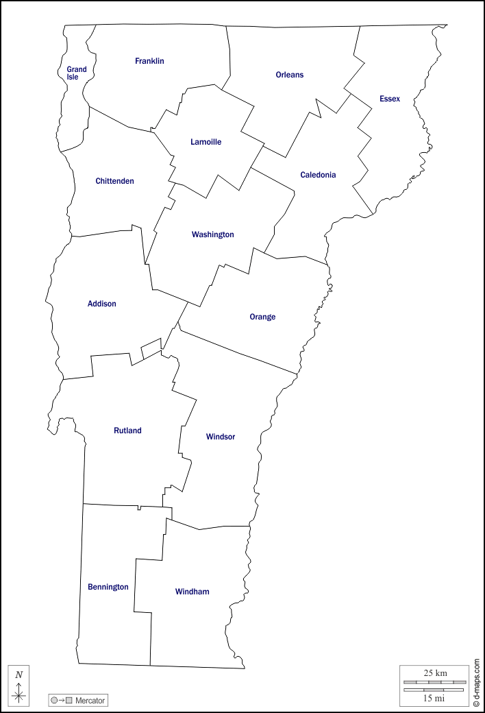 Вермонт : d-maps.com: Бесплатная карта, бесплатная карта, свободная карта, Бесплатная базовая карта
 : контур, округов, имена, Белый