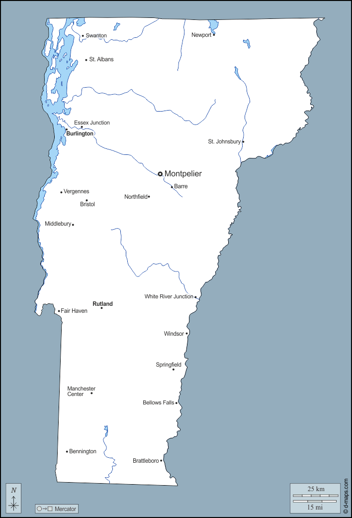 Vermont : d-maps.com: Kostenlose Karten, kostenlose stumme Karte, kostenlose unausgefüllt Landkarte, kostenlose hochauflösende Umrisskarte : Umrisse, Hydrografie, Wichtige Städte, Namen