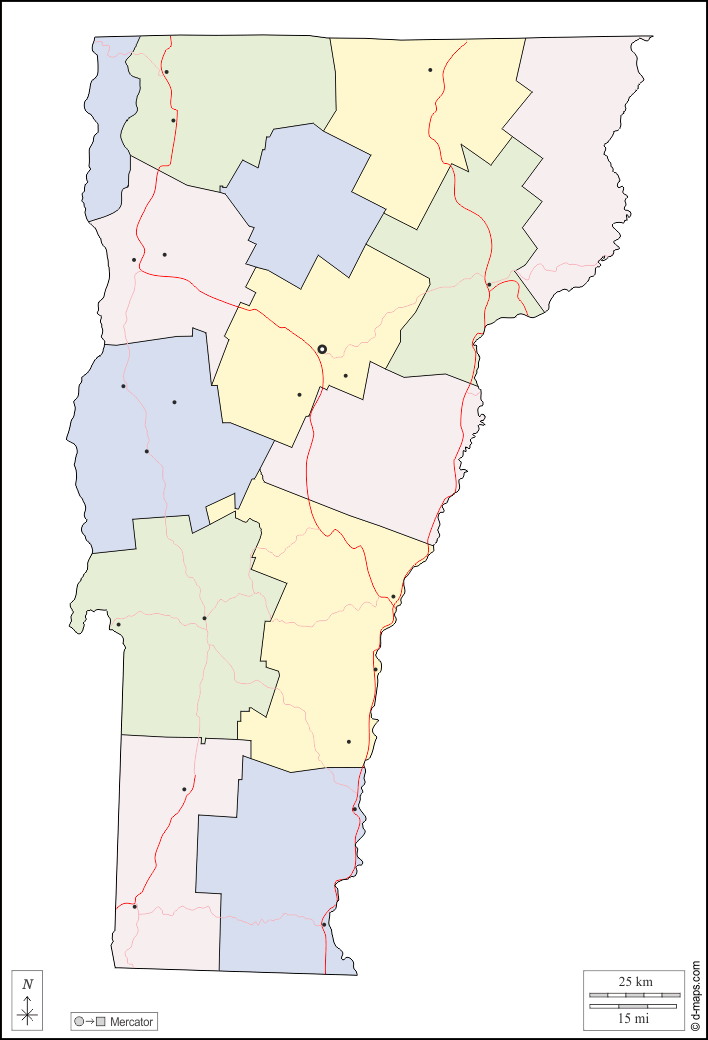 Vermont : d-maps.com: mappa gratuita, mappa muta gratuita, cartina muta gratuita : contorni, contee, principali città, strade, colore, bianco