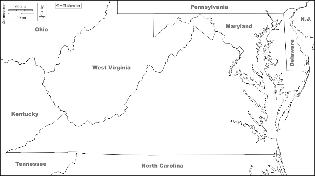 Virginia : d-maps.com: mappa gratuita, mappa muta gratuita, cartina muta gratuita : frontiere, nomi, bianco