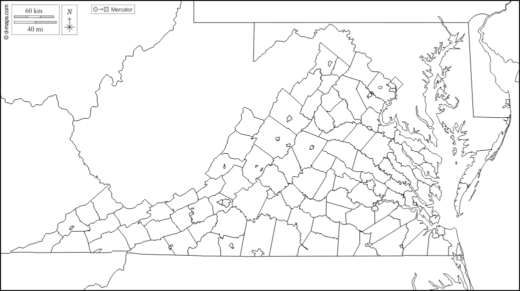 Virginia : d-maps.com: mappa gratuita, mappa muta gratuita, cartina muta gratuita : frontiere, contee, città indipendenti, bianco