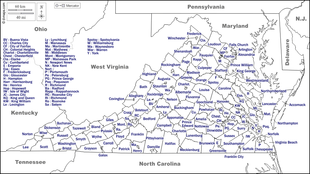 Virginia : d-maps.com: mappa gratuita, mappa muta gratuita, cartina muta gratuita : frontiere, contee, città indipendenti, nomi, bianco