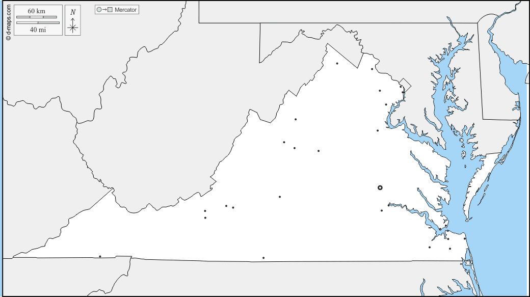 Virginia : d-maps.com: mappa gratuita, mappa muta gratuita, cartina muta gratuita : frontiere, principali città