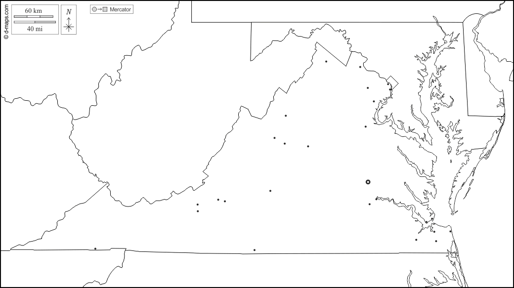 Virginia : d-maps.com: mappa gratuita, mappa muta gratuita, cartina muta gratuita : frontiere, principali città, bianco
