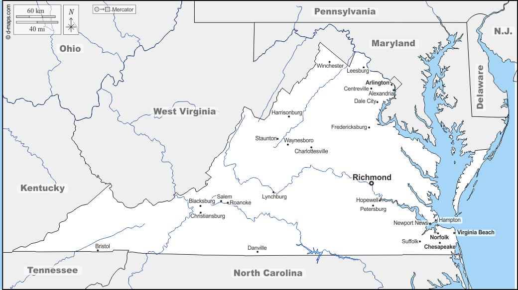 Virginia : d-maps.com: mappa gratuita, mappa muta gratuita, cartina muta gratuita : frontiere, idrografia, principali città, nomi
